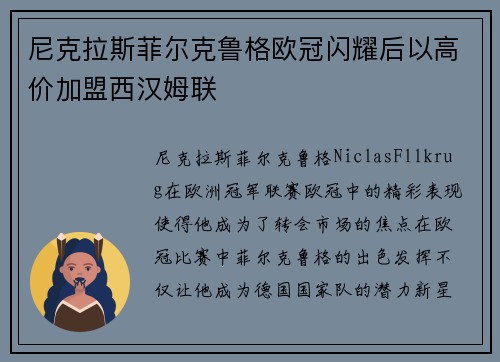 尼克拉斯菲尔克鲁格欧冠闪耀后以高价加盟西汉姆联
