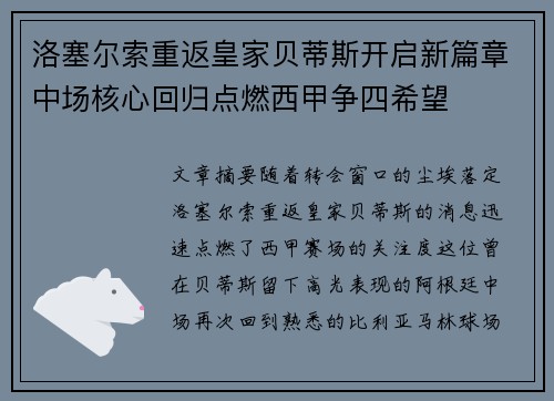 洛塞尔索重返皇家贝蒂斯开启新篇章中场核心回归点燃西甲争四希望 洛塞尔索重返皇家贝蒂斯开启新篇章中场核心回归点燃西甲争四希望
