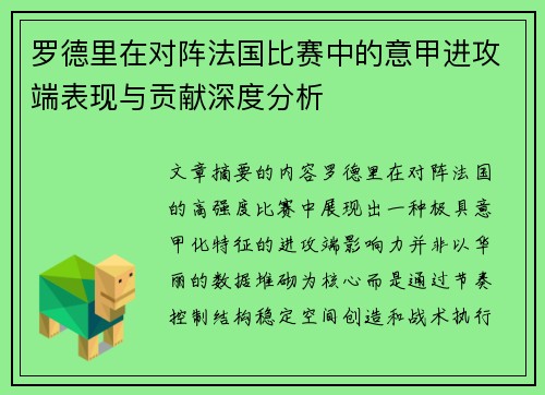 罗德里在对阵法国比赛中的意甲进攻端表现与贡献深度分析 罗德里在对阵法国比赛中的意甲进攻端表现与贡献深度分析